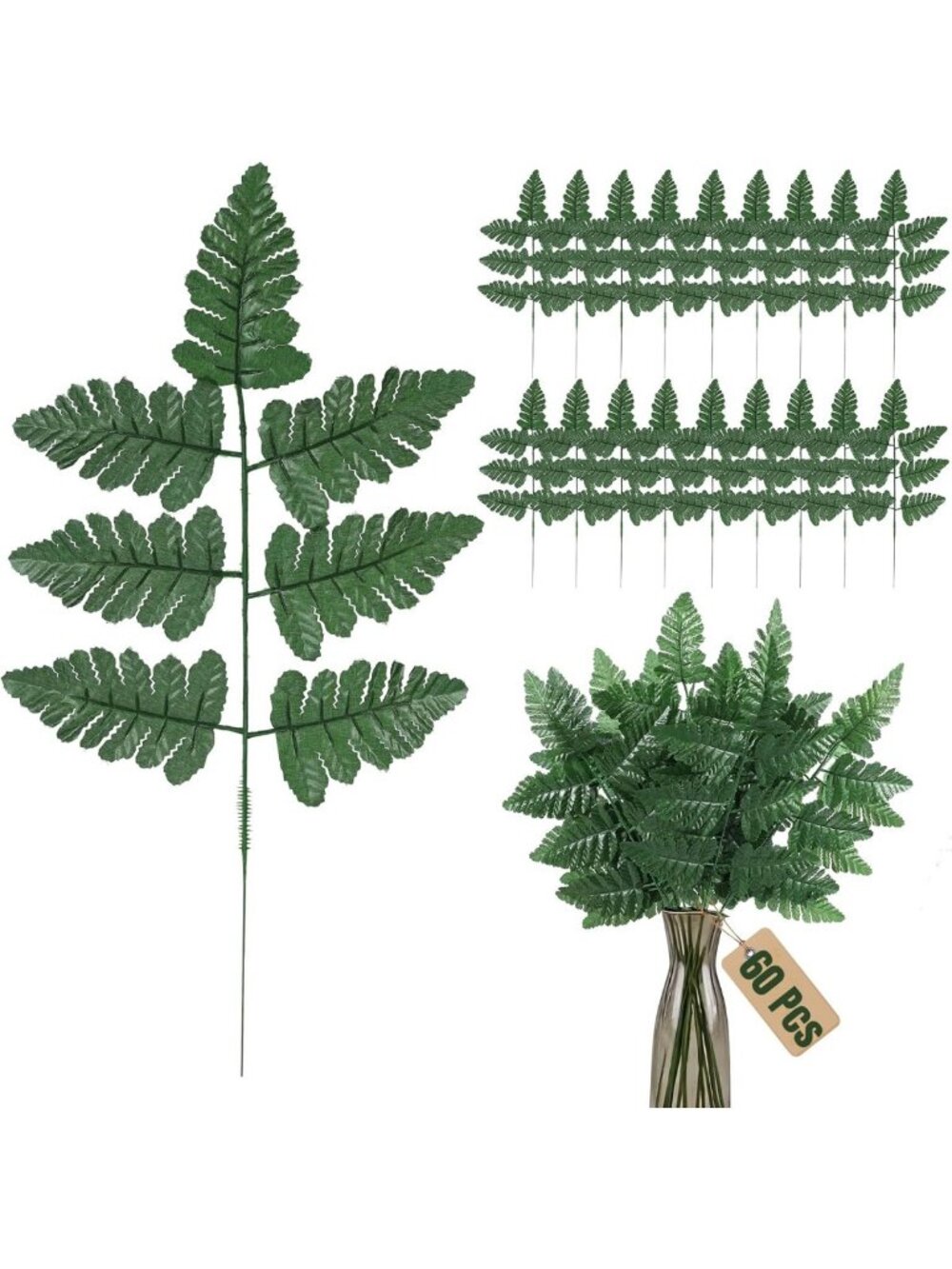 60 Pcs Realistic Faux Fern Leaves - 17" Greenery Stems for Home Decor & Crafts